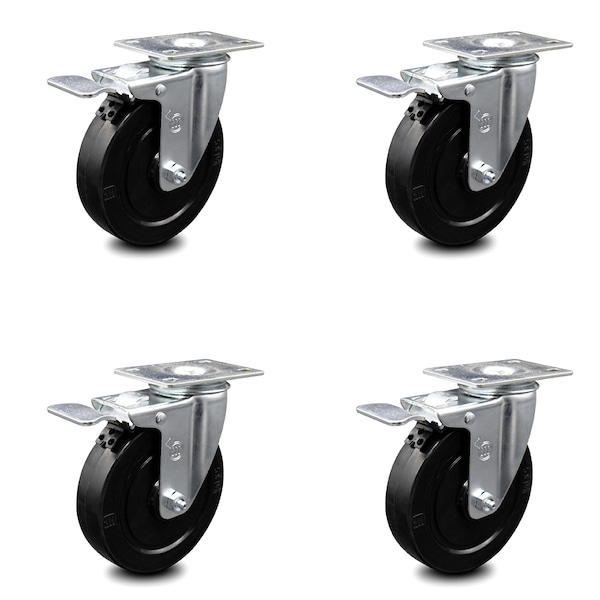 5 Inch Soft Rubber Swivel Top Plate Caster Set with Total Lock Brake SCC